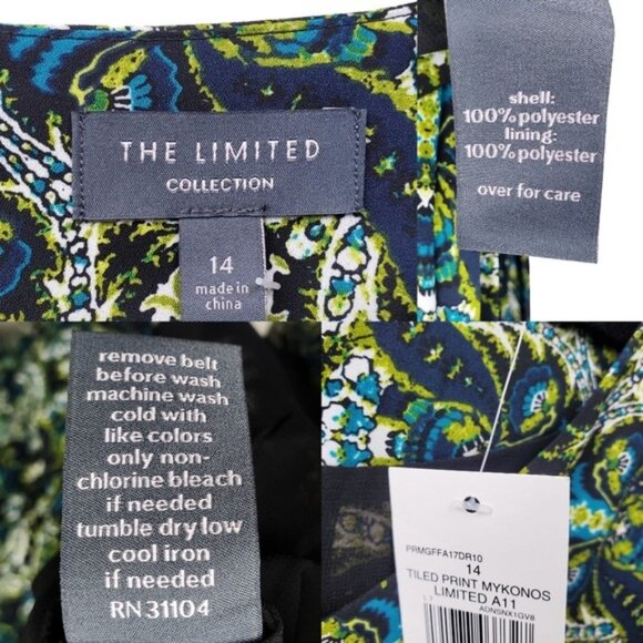 The Limited Womens Long Sleeve Green Tile Print Belted Pleated Dress Size 14 NWT - Picture 10 of 10